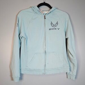 Roxy Light Blue Full Zip Distressed Hoodie Wings Logo Cotton Blend Women's Large